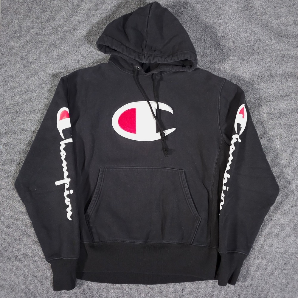 Vintage Champion Reverse Weave Hoodie Sweatshirt Mens Large Black Embroided Logo